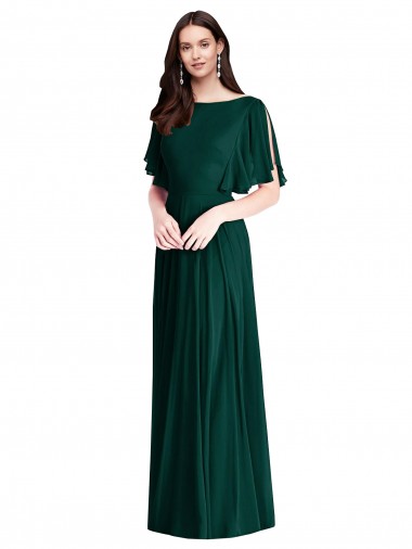 Cheapest Bell Sleeves Soft Chiffon A-Line Long Bateau Neck Maxi Evening Dress UK