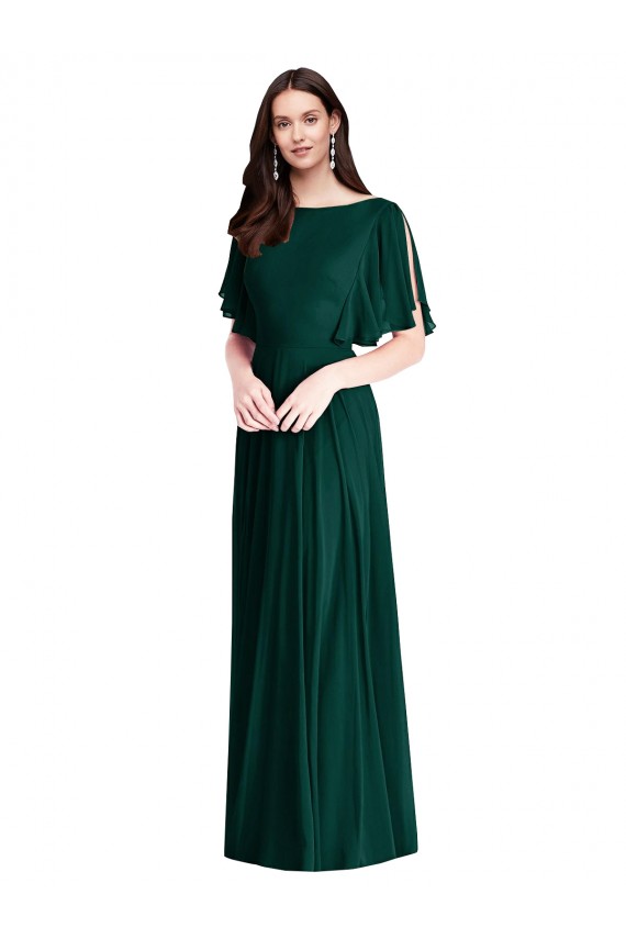 Cheapest Bell Sleeves Soft Chiffon A-Line Long Bateau Neck Maxi Evening Dress UK