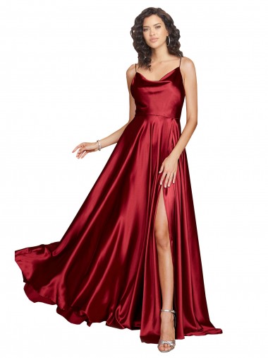 Cheapest Sleeveless Silky Satin A-Line Long Low Back Cowl Neck Sexy Evening Dress UK