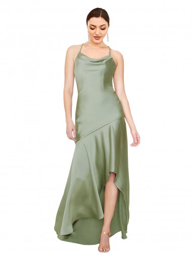 Cheapest Sleeveless Silky Satin A-Line Long Open Back Cowl Neck Evening Dress UK