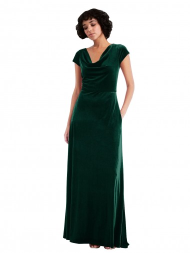 Cheapest Cap Sleeves Stretch Velvet A-Line Long Cowl Neck Maxi Evening Dress UK