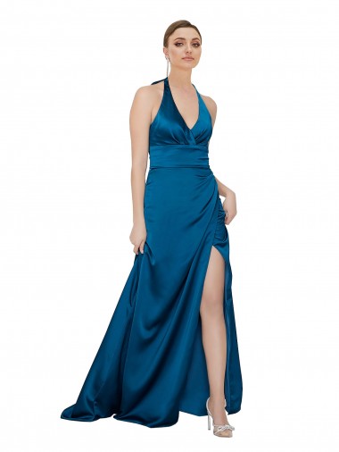 Cheapest Sleeveless Silky Satin A-Line Long Halter Neck Evening Gown UK