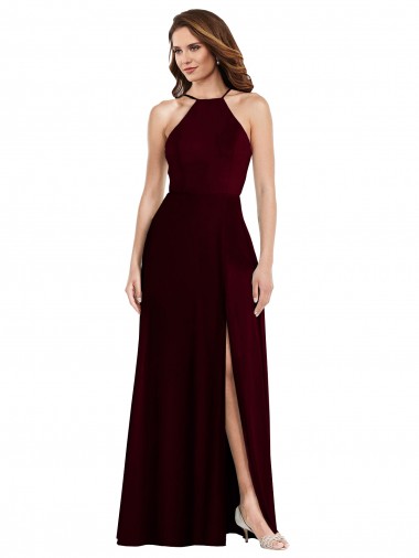 Cheapest Sleeveless Soft Chiffon A-Line Long Halter Neck Burgundy Gold Maxi Evening Dress UK