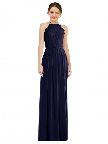 Cheapest Sleeveless Soft Chiffon A-Line Long Halter Neck Dark Navy Maxi Evening Dress UK