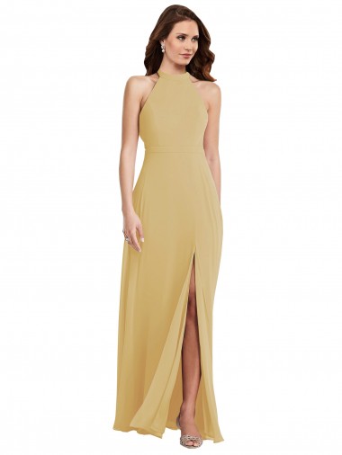 Cheapest Sleeveless Soft Chiffon A-Line Long Halter Neck Gold Maxi Evening Dress UK