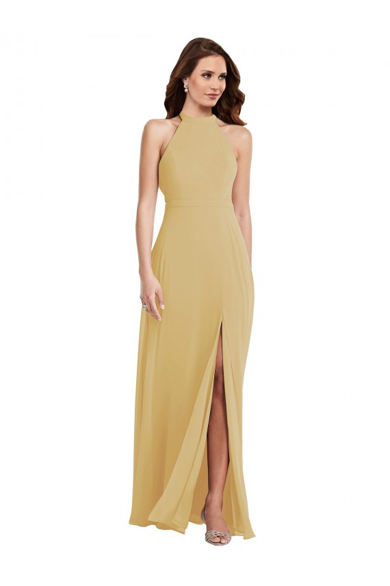 Cheapest Sleeveless Soft Chiffon A-Line Long Halter Neck Gold Maxi Evening Dress UK