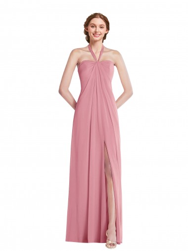 Cheapest Sleeveless Soft Chiffon A-Line Long Halter Neck Skin Pink Maxi Evening Dress UK