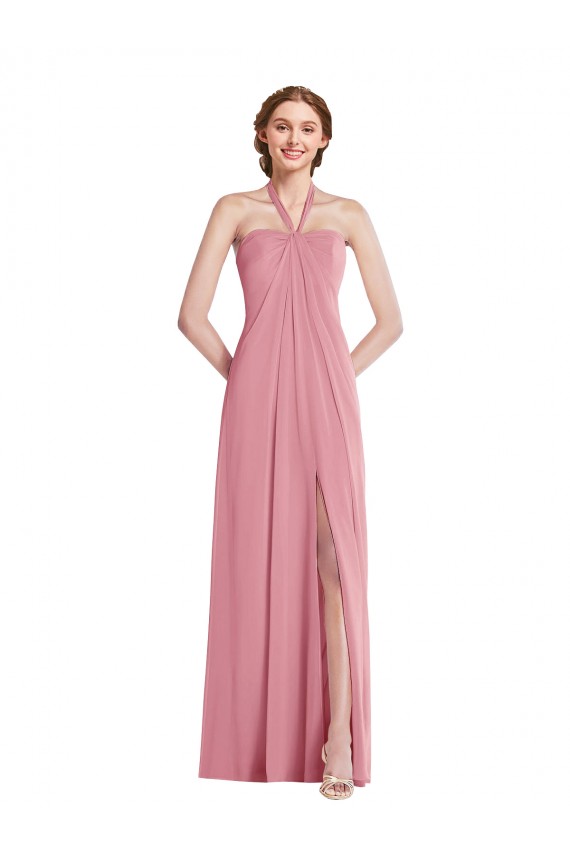 Cheapest Sleeveless Soft Chiffon A-Line Long Halter Neck Skin Pink Maxi Evening Dress UK