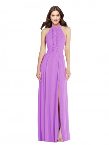 Cheapest Sleeveless Soft Chiffon A-Line Long Halter Neck Violet Maxi Evening Dress UK