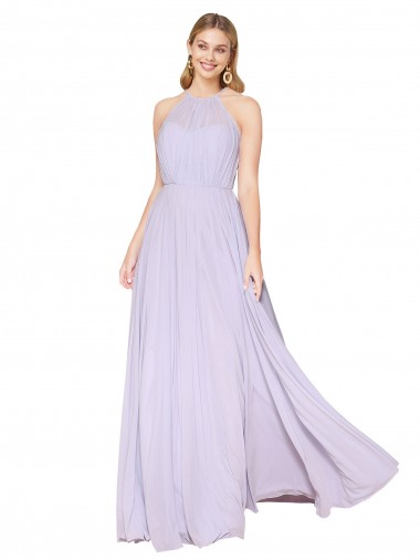 Cheapest Sleeveless Soft Chiffon A-Line Long High Neck Lilac Evening Dress UK