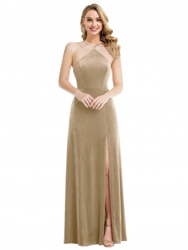 Cheapest Sleeveless Stretch Velvet A-Line Long Open Back High Neck Maxi Evening Dress UK