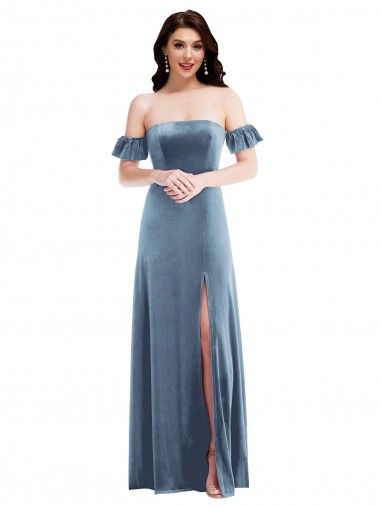 Cheapest Ruffle Sleeves Stretch Velvet A-Line Long Off the Shoulder Semi Formal Evening Dress UK