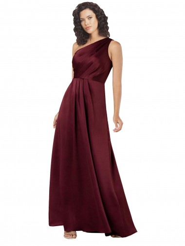 Cheapest Sleeveless Silky Satin A-Line Long One Shoulder Burgundy Evening Dress UK