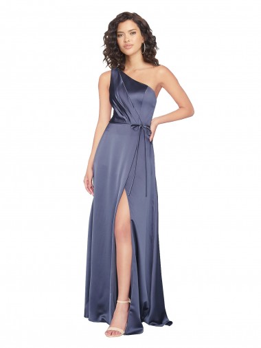 Cheapest Sleeveless Silky Satin A-Line Long One Shoulder Dusk Evening Dress UK