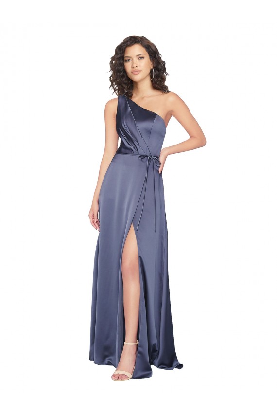 Cheapest Sleeveless Silky Satin A-Line Long One Shoulder Dusk Evening Dress UK