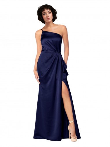 Cheapest Sleeveless Silky Satin A-Line Long One Shoulder Sapphire Evening Dress UK