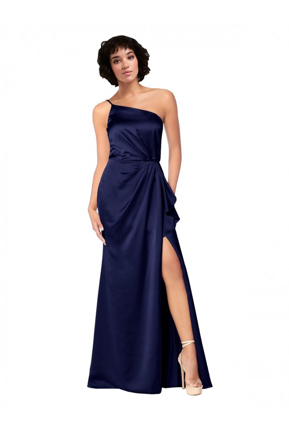 Cheapest Sleeveless Silky Satin A-Line Long One Shoulder Sapphire Evening Dress UK