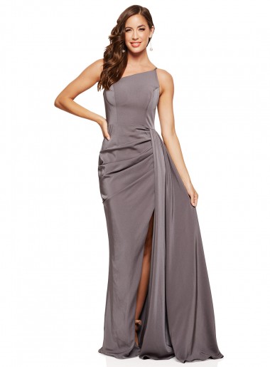 Cheapest Sleeveless Silky Satin A-Line Long One Shoulder Slate Grey Evening Dress UK