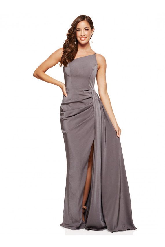 Cheapest Sleeveless Silky Satin A-Line Long One Shoulder Slate Grey Evening Dress UK