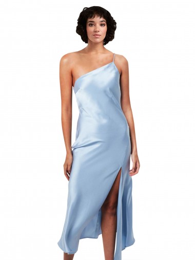 Cheapest Sleeveless Silky Satin A-Line Midi Length One Shoulder Evening Dress UK