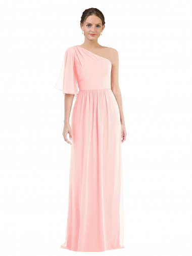 Cheapest Bell Sleeves Soft Chiffon A-Line Long One Shoulder Maxi Evening Dress UK