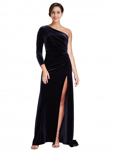 Cheapest Long Sleeves Stretch Velvet A-Line Sweep Train One Shoulder Evening Dress UK