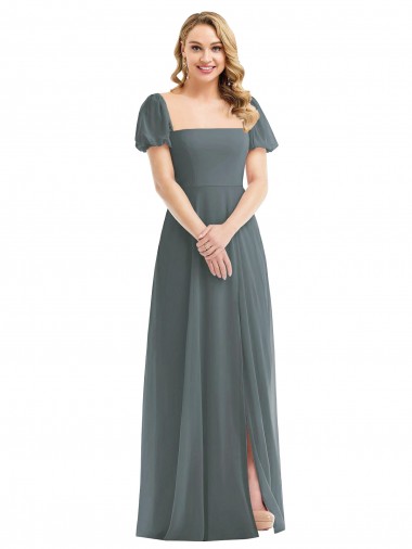 Cheapest Puff Sleeves Soft Chiffon A-Line Long Square Neck Maxi Evening Dress UK