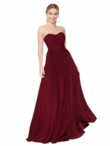 Cheapest Sleeveless Soft Chiffon A-Line Long Strapless Burgundy Evening Dress UK