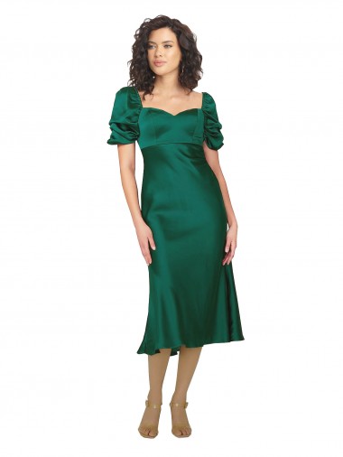 Cheapest Short Sleeves Silky Satin A-Line Midi Length Sweetheart Evening Dress UK