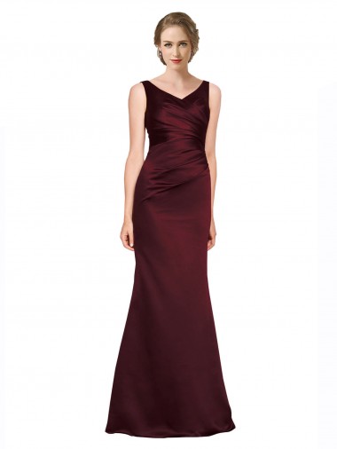 Cheapest Sleeveless Luxe Satin A-Line Long V-Neck Burgundy Evening Dress UK