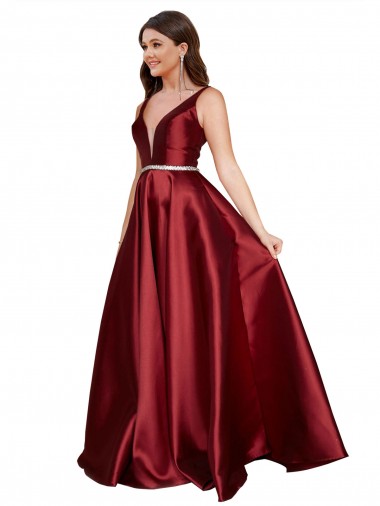 Cheapest Sleeveless Satin A-Line Long V-Neck Plus Size Evening Dress UK