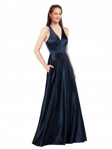 Cheapest Sleeveless Luxe Satin A-Line Long V-Neck Dark Navy Evening Dress UK