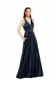 Cheapest Sleeveless Luxe Satin A-Line Long V-Neck Dark Navy Evening Dress UK