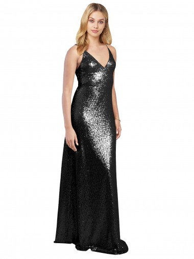 Cheapest Sleeveless Sequin A-Line Long V-Neck Sexy Evening Dress UK