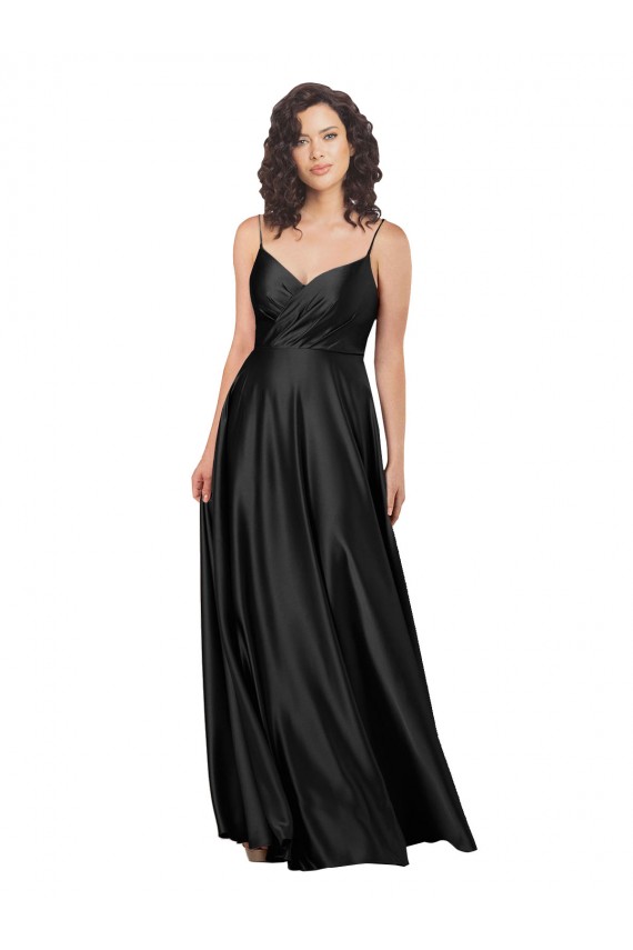 Cheapest Sleeveless Silky Satin A-Line Long Low Back V-Neck Evening Dress UK