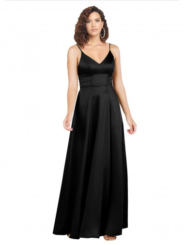 Cheapest Sleeveless Silky Satin A-Line Long V-Neck Black Evening Dress UK