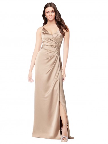 Cheapest Sleeveless Silky Satin A-Line Long V-Neck Low Back Evening Dress UK