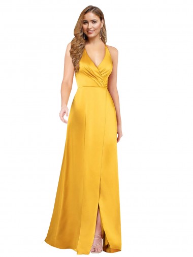 Cheapest Sleeveless Silky Satin A-Line Long V-Neck Evening Gown UK