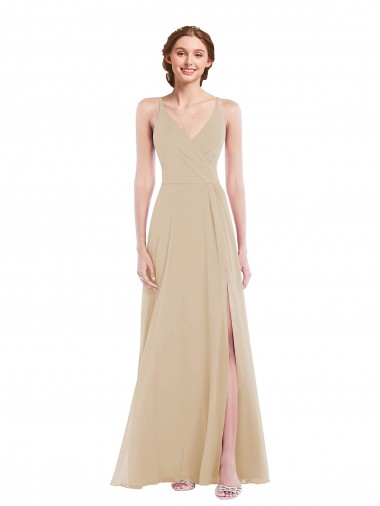 Cheapest Sleeveless Soft Chiffon A-Line Long V-Neck Champagne Maxi Evening Dress UK