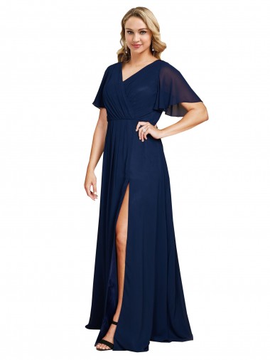 Cheapest Short Flutter Sleeves Soft Chiffon A-Line Long V-Neck Plus Size Evening Dress UK