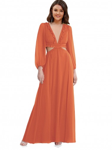 Cheapest Long Sleeves Soft Chiffon A-Line Long V-Neck Maxi Evening Dress UK