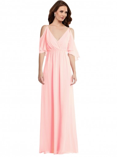 Cheapest Cold Shoulder Soft Chiffon A-Line Long V-Neck Maxi Evening Dress UK