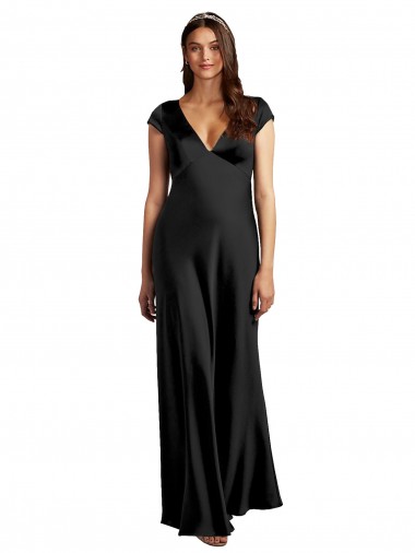 Cheapest Cap Sleeves Stretch Satin A-Line Long Keyhole Back V-Neck Evening Dress UK