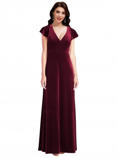 Cheapest Flutter Sleeves Stretch Velvet A-Line Long V-Neck Maxi Evening Gowns UK