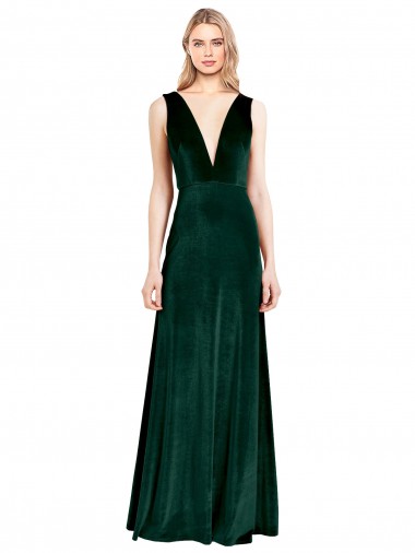 Cheapest Sleeveless Stretch Velvet A-Line Long V-Neck V-Back Evening Dress UK