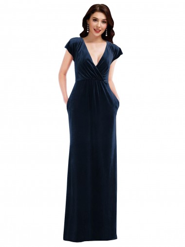 Cheapest Flutter Sleeves Stretch Velvet A-Line Long V-Neck Maxi Evening Dress UK