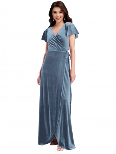 Cheapest Flutter Sleeves Stretch Velvet A-Line Long V-Neck Maxi Evening Gown UK