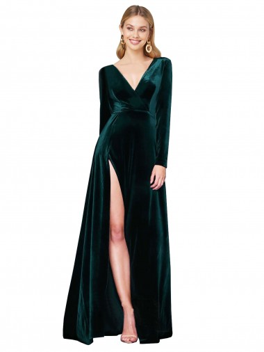 Cheapest Long Sleeves Stretch Velvet A-Line Sweep Train V-Neck Evening Dress UK