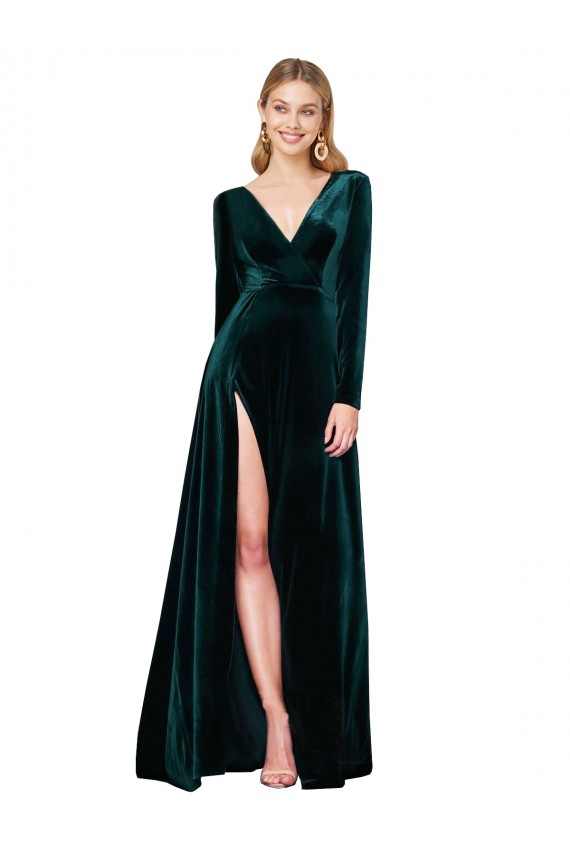 Cheapest Long Sleeves Stretch Velvet A-Line Sweep Train V-Neck Evening Dress UK