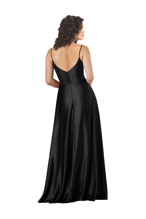 Cheapest Sleeveless Silky Satin A-Line Long Low Back V-Neck Evening Dress UK